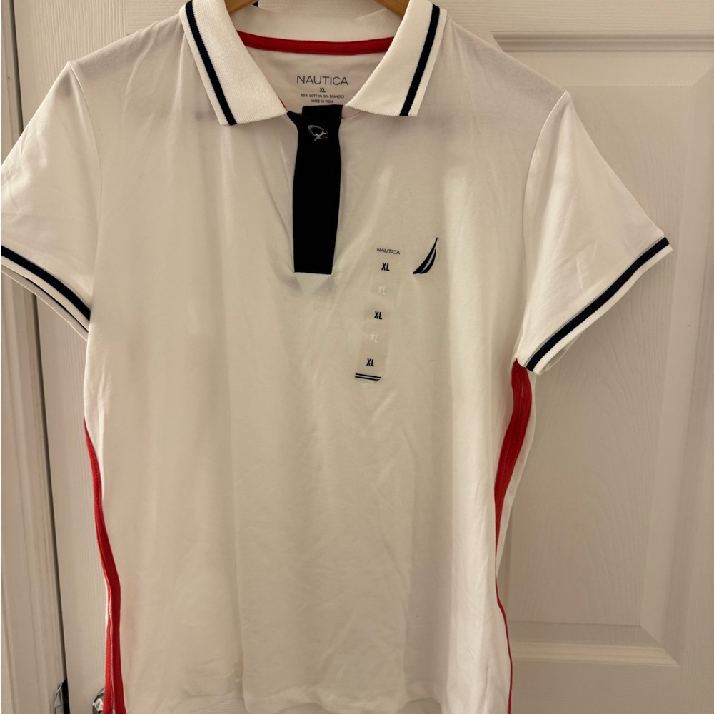 Nautica Women Polo Shirt in White with Black and Red Details